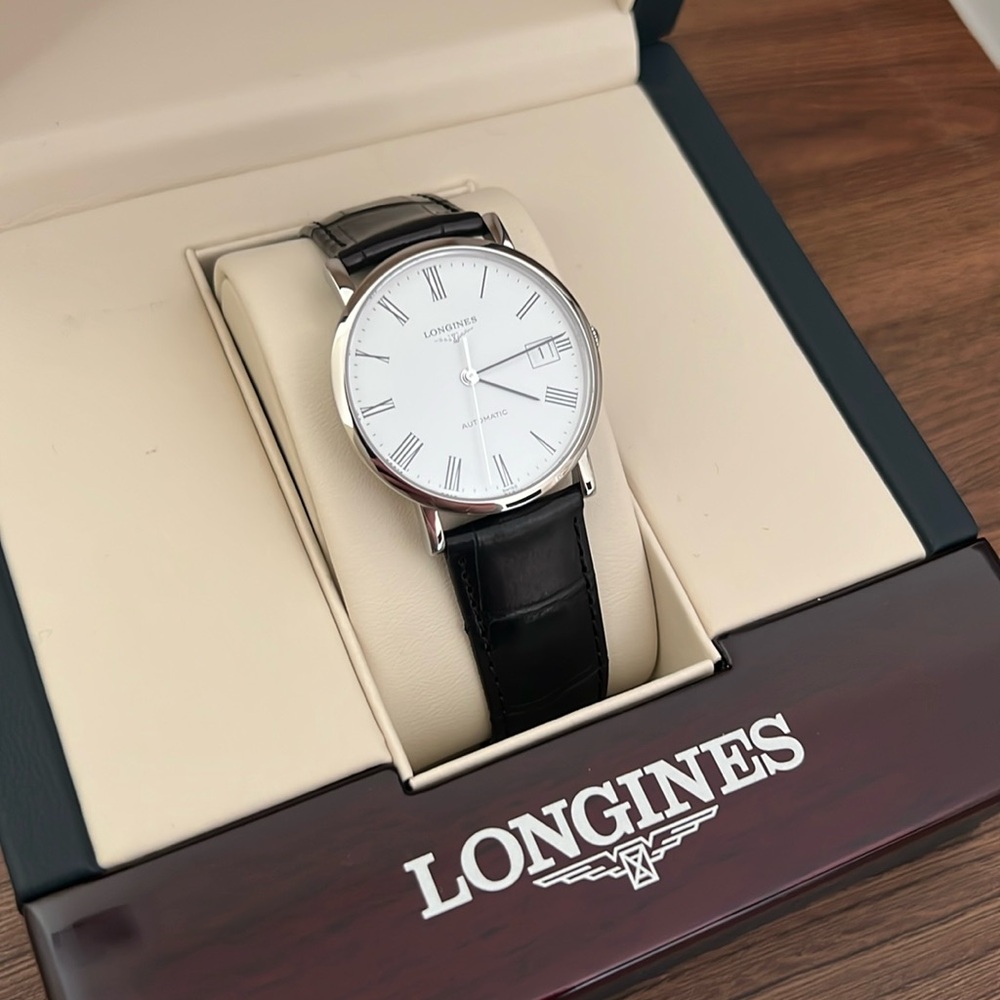 Longines Automatic Stainless Steel White Dial Black Leather Strap Womens Watch